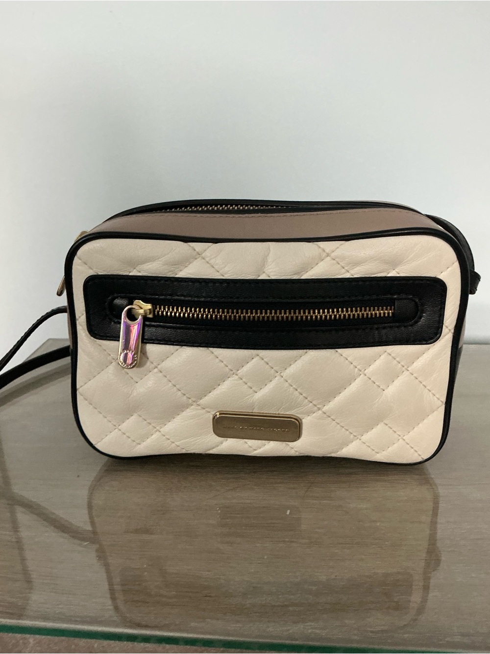 Marc By Marc Jacobs Cream Quilted Crossbody with Black Trim and Taupe Top